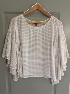Vince Camuto Soft White Checked Ruffle Sleeve Blouse